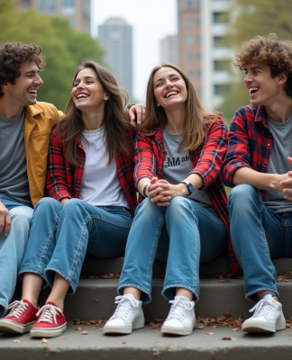 Groupe de jeunes en streetwear des années 90 dans un parc urbain