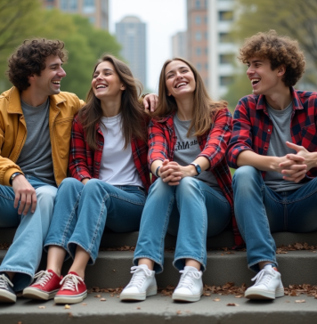 Groupe de jeunes en streetwear des années 90 dans un parc urbain