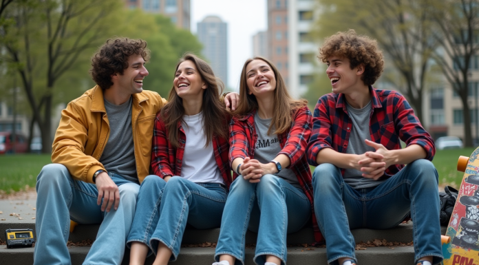 Groupe de jeunes en streetwear des années 90 dans un parc urbain
