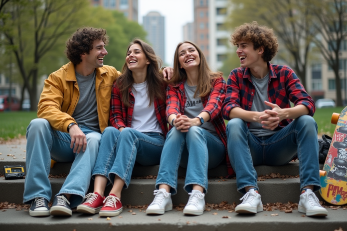 groupe-jeunes-90s-urban Groupe de jeunes en streetwear des années 90 dans un parc urbain