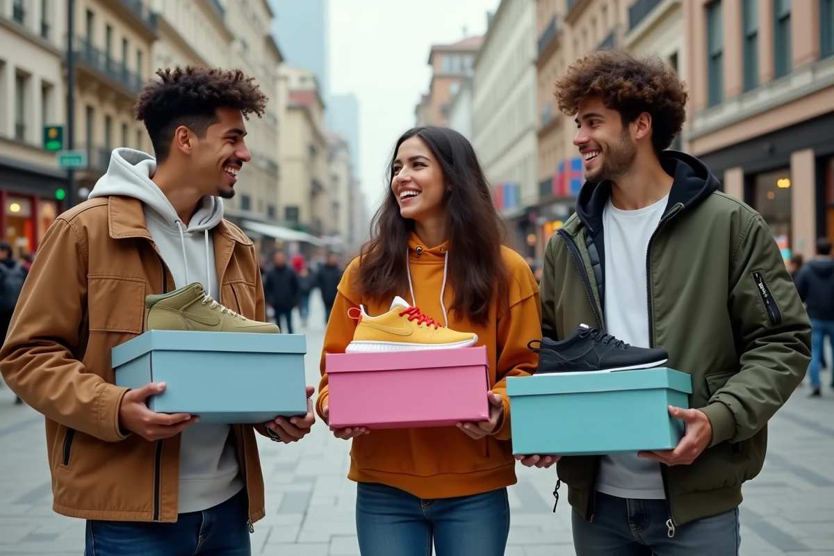 Groupe de jeunes discutant de sneakers en extérieur en ville