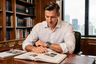 Homme élégant étudiant une montre GMT Batman Bruce Wayne acier au cadran noir et bleu dans un bureau privé avec catalogues horlogerie