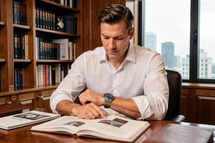 Homme élégant étudiant une montre GMT Batman Bruce Wayne acier au cadran noir et bleu dans un bureau privé avec catalogues horlogerie