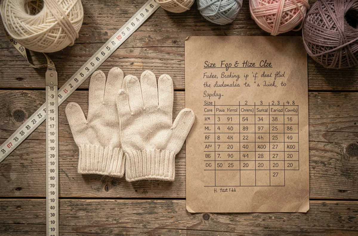 Gants tricotés pour enfant disposés avec un mètre ruban et un tableau de tailles pour choisir la bonne mesure