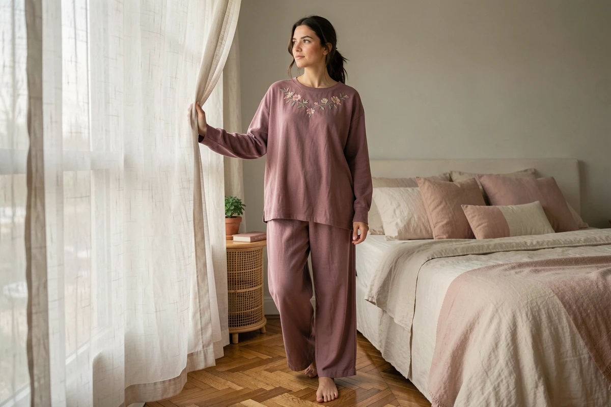 Femme en homewear viscose mauve avec broderies florales nuit debout dans une chambre cocooning lumineuse aux tons neutres