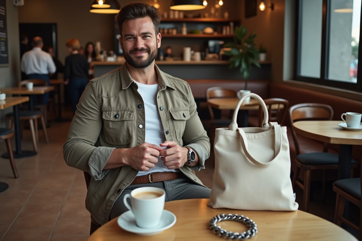 Homme trentenaire dans un café urbain portant des accessoires abordables tendance 2026, ceinture tressée et bracelet chaîne argenté posé sur une table en bois