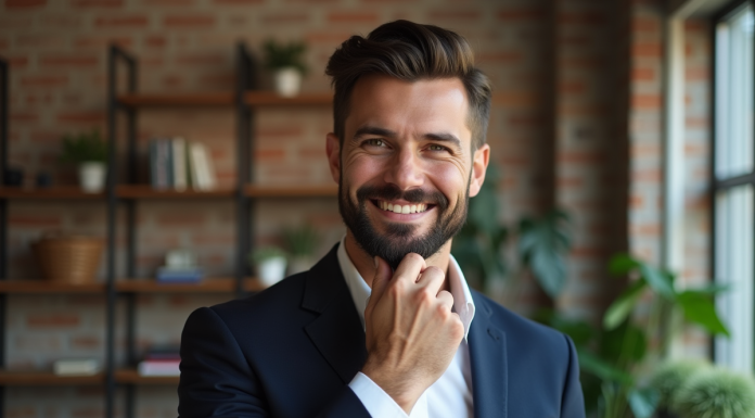 Homme élégant avec barbe moderne dans un loft urbain