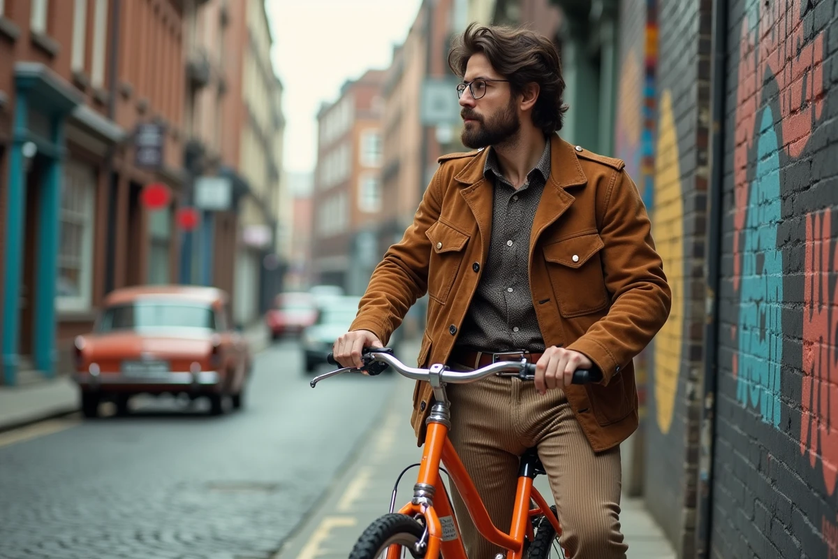 Homme avec vélo orange regardant un mur graffite en ville rétro