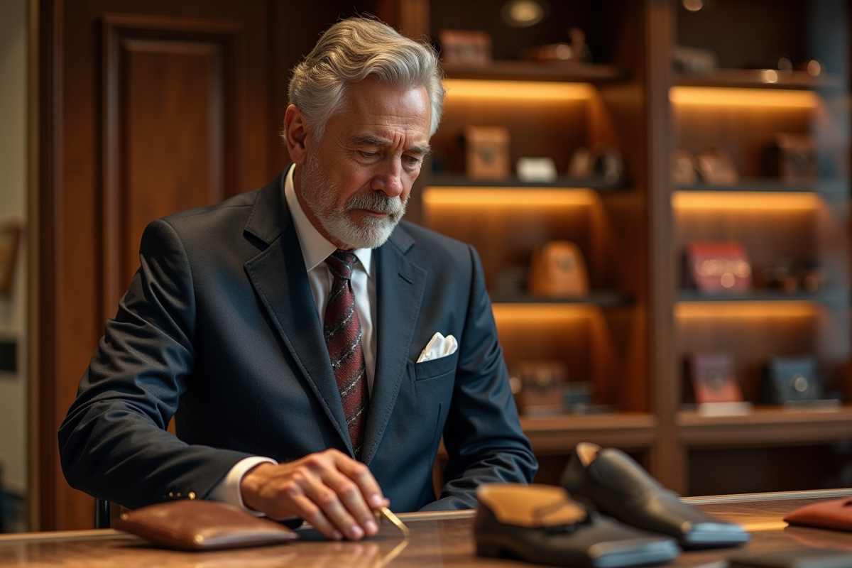 Homme d age examine accessoires en boutique de luxe