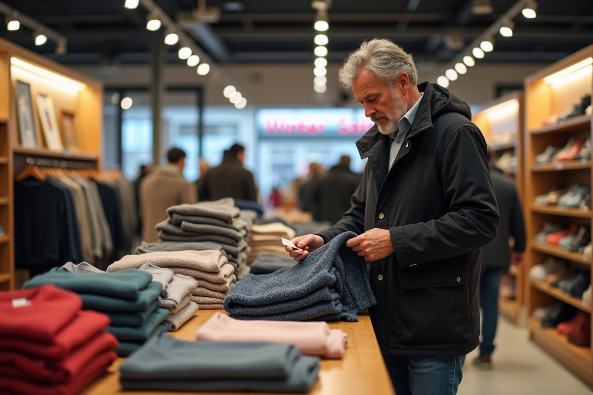 Homme examine pulls dans magasin de soldes hiver