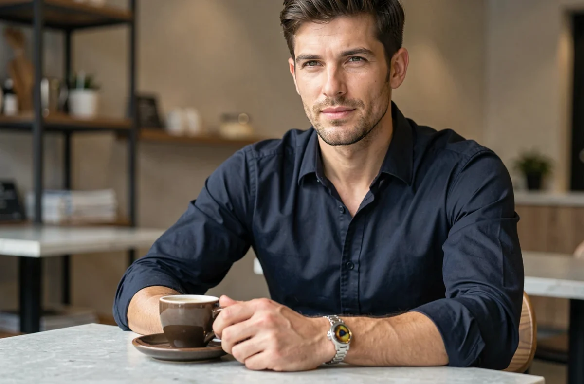 Homme élégant portant un bracelet oeil du tigre et argent au poignet dans un café, style décontracté chic