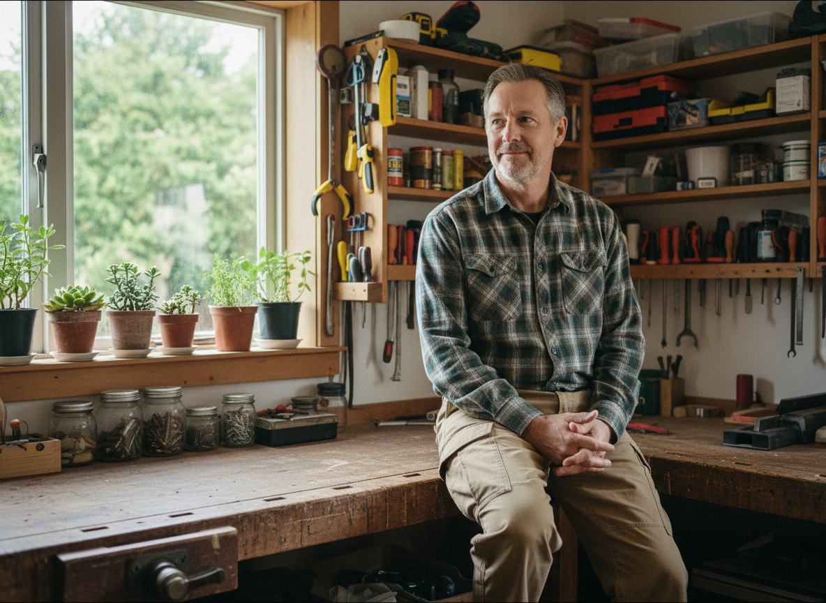 Homme relaxe en cargo dans son atelier lumineux