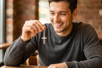 Homme tenant une croix bijou en argent entre ses doigts avec un sourire sincère, assis dans un café chaleureux, idée cadeau couple