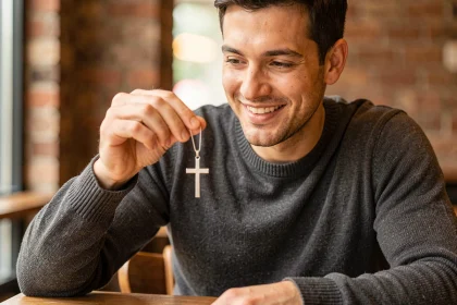 Homme tenant une croix bijou en argent entre ses doigts avec un sourire sincère, assis dans un café chaleureux, idée cadeau couple