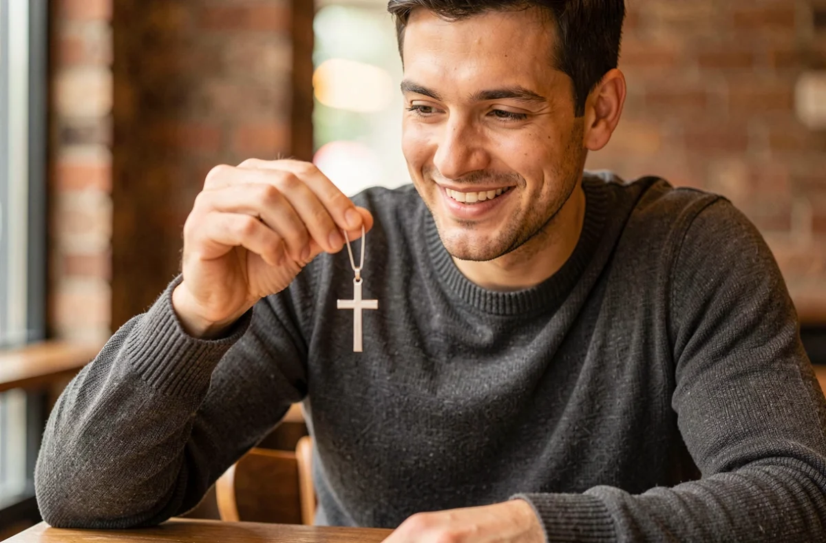 Homme tenant une croix bijou en argent entre ses doigts avec un sourire sincère, assis dans un café chaleureux, idée cadeau couple