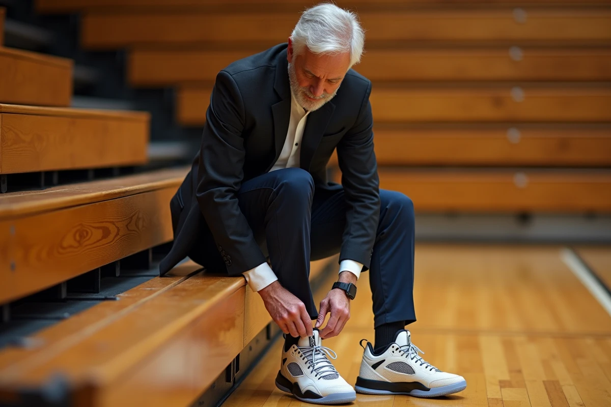 Homme mature en train de lacer ses sneakers en intérieur