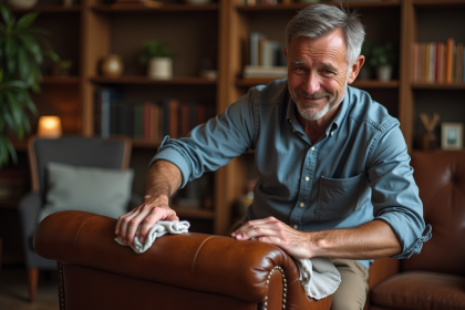 Homme appliquant soin au fauteuil en cuir marron