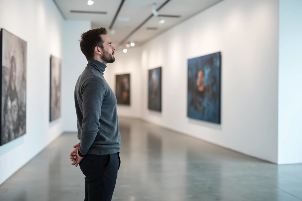 Homme cultivé contemplant une œuvre d'art dans une galerie contemporaine épurée