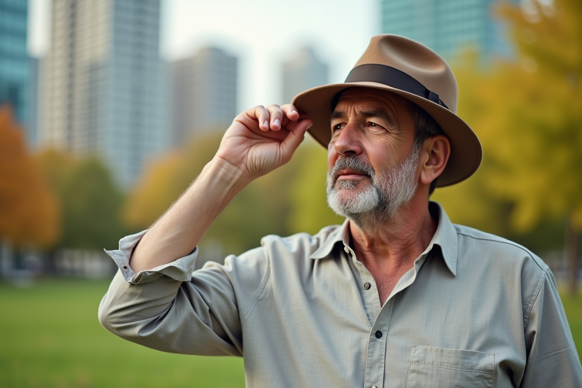 Homme en linen ajustant son trilby dans un parc urbain ensoleille