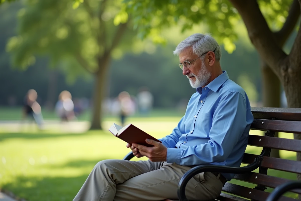 Homme lisant dans un parc verdoyant et calme