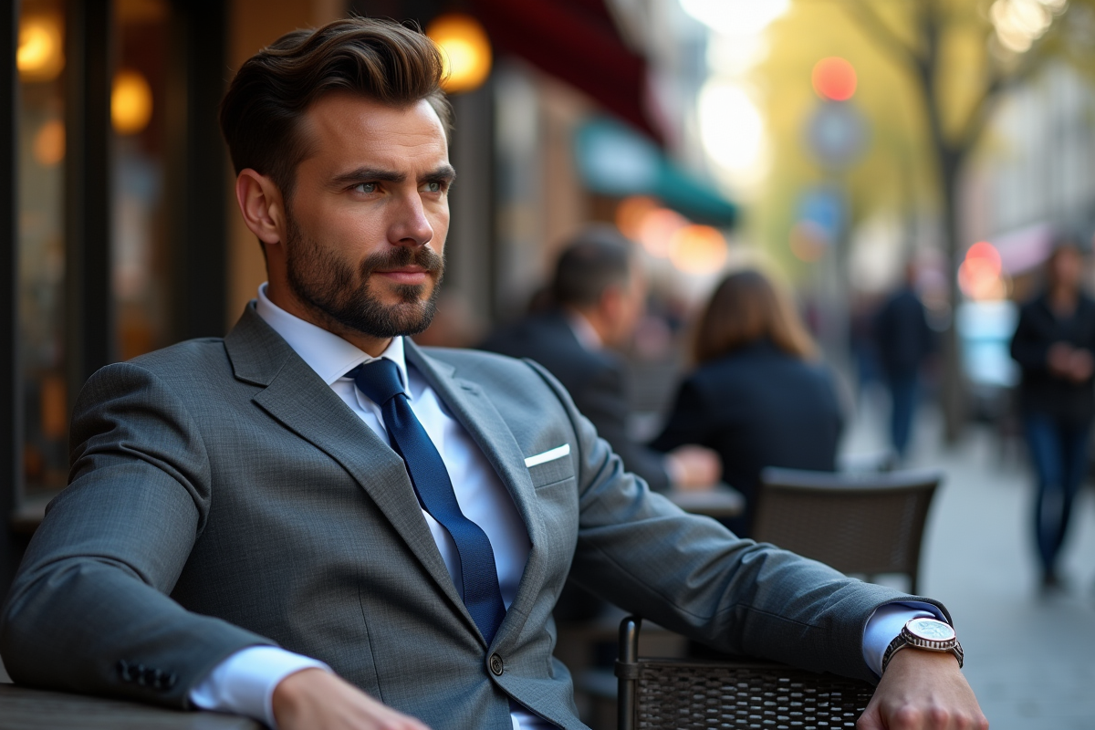 Homme en costume avec mascara bleu dans un café urbain