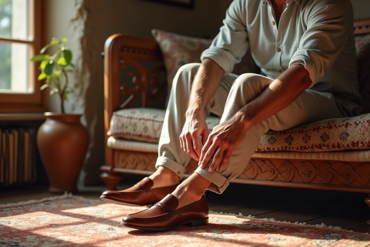 Homme assis sur un tapis marocain portant des babouches en cuir
