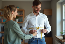 Taille homme : comment connaître sa taille facilement et rapidement ? Jeune homme en chemise blanche et jeans en train de se faire mesurer