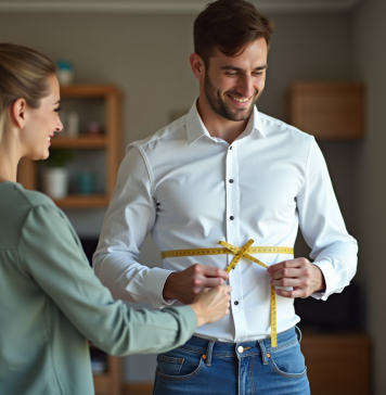 Taille homme : comment connaître sa taille facilement et rapidement ? Jeune homme en chemise blanche et jeans en train de se faire mesurer