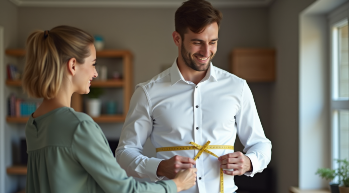 Jeune homme en chemise blanche et jeans en train de se faire mesurer