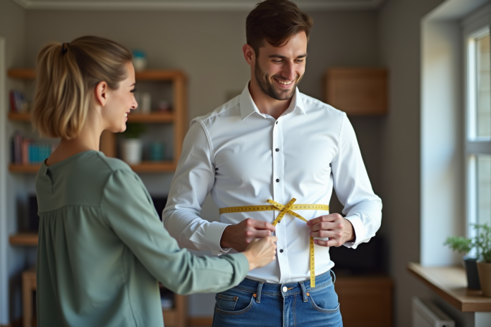 homme-mesure-vetement-appartement Jeune homme en chemise blanche et jeans en train de se faire mesurer