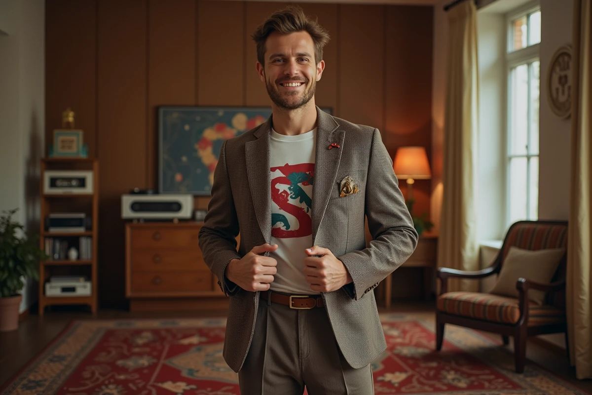 Homme en blazer rétro dans un salon vintage