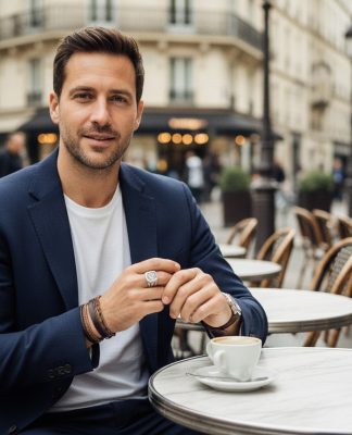 Homme élégant en blazer à Paris pour l'article