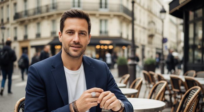 Homme élégant en blazer à Paris pour l'article