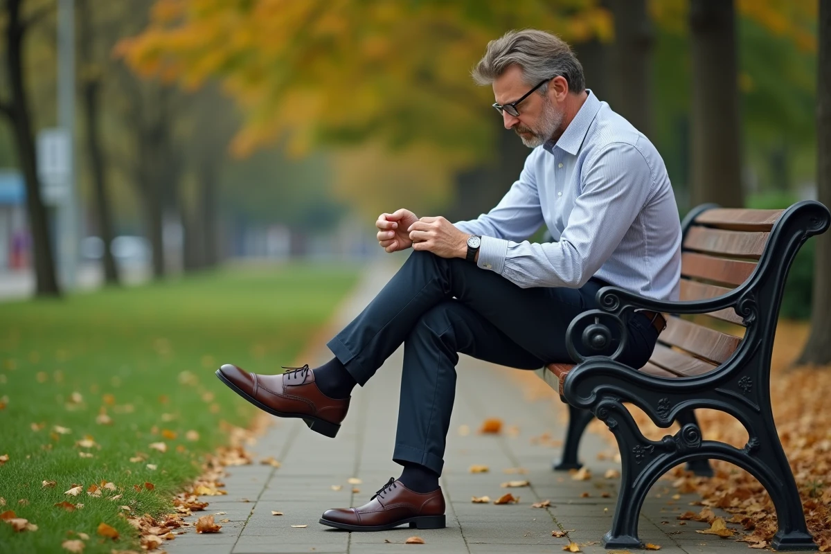 Homme regardant ses chaussures grandes dans un parc en automne