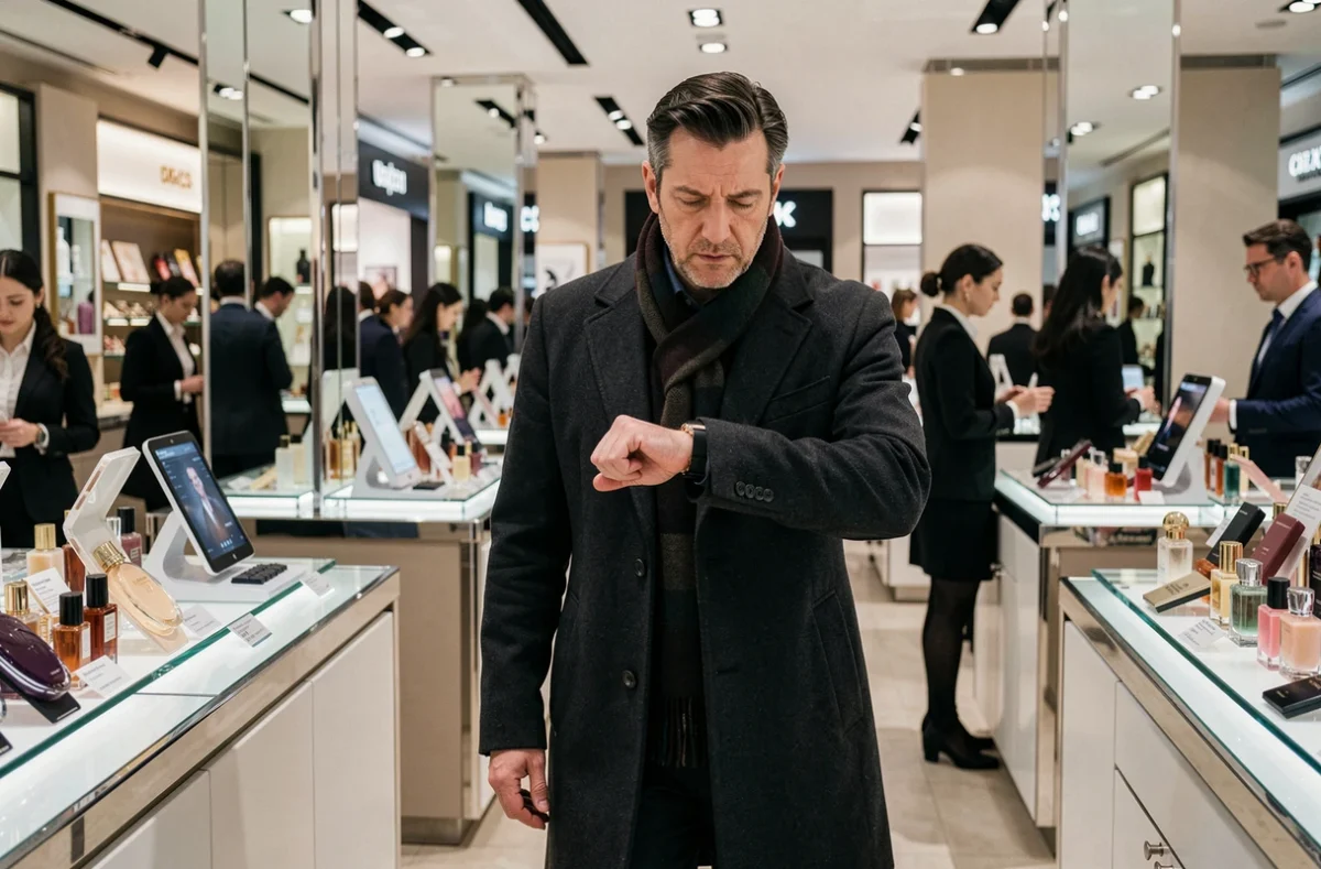 Homme pressé vérifiant l'heure dans le rayon cosmétiques d'un grand magasin parisien