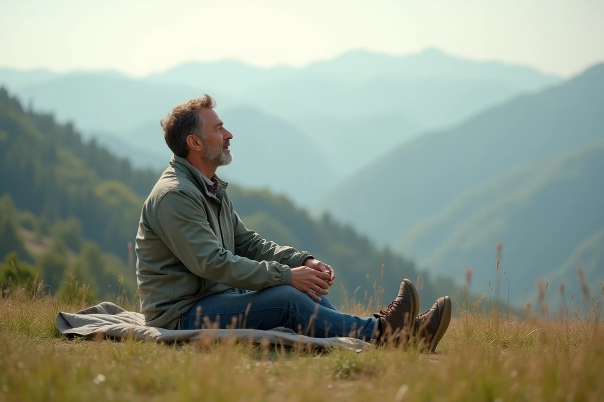 Homme assis sur une colline avec vue sur les montagnes