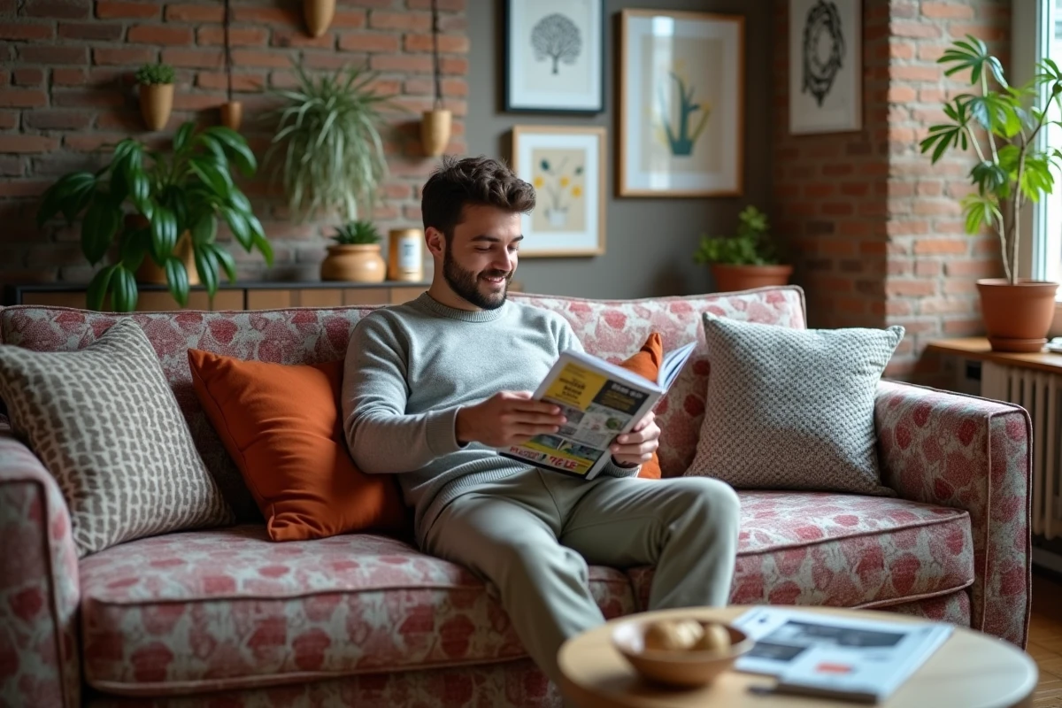 Jeune homme relaxant sur un canap&eacute; avec accessoires d&eacute;coratifs modernes