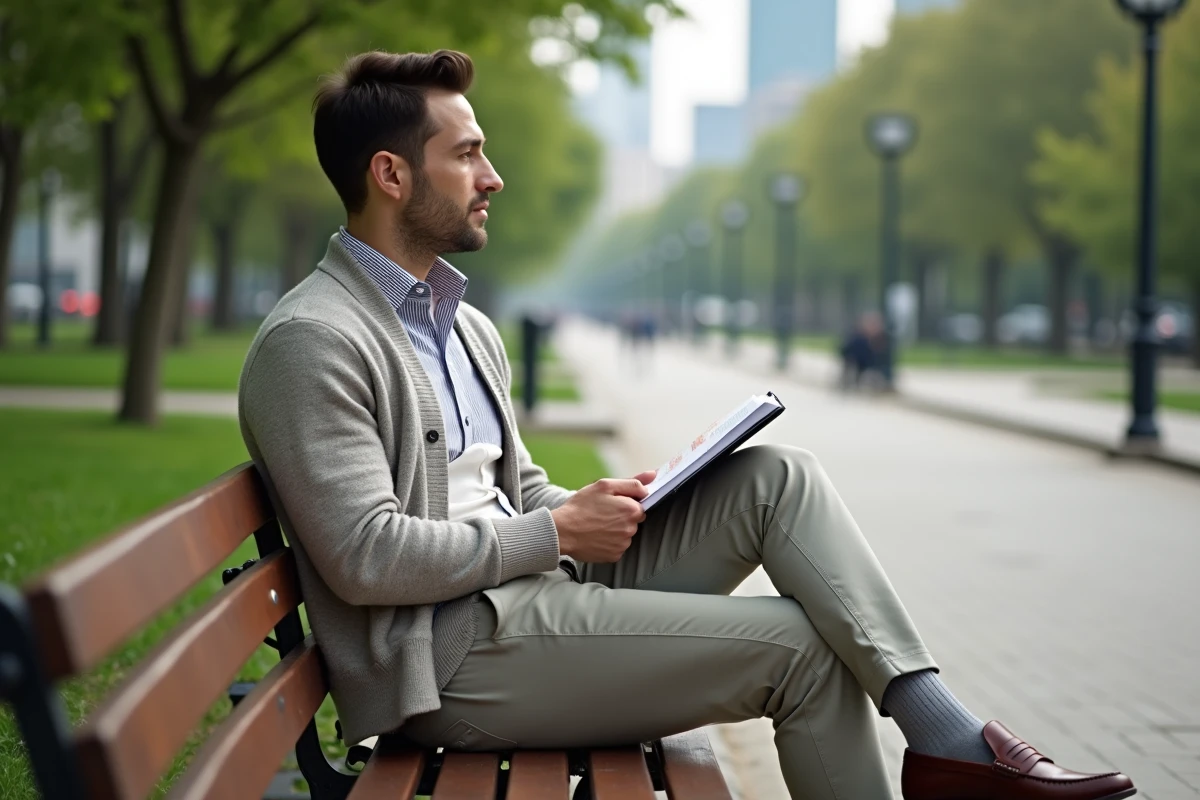 Homme assis sur un banc dans un parc avec un carnet