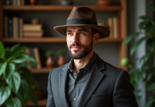 Chapeau homme : choisir son style en fonction de la forme de son visage Homme élégant portant un blazer en laine et fedora dans un studio chaleureux