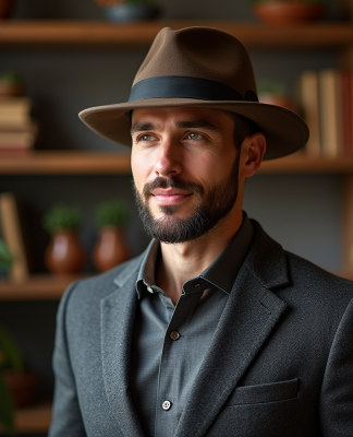 Homme élégant portant un blazer en laine et fedora dans un studio chaleureux