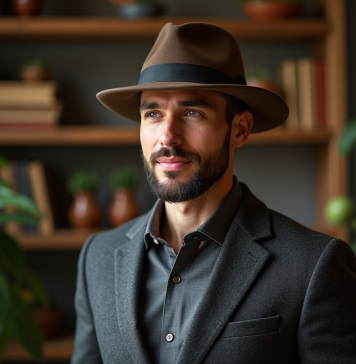 Chapeau homme : choisir son style en fonction de la forme de son visage Homme élégant portant un blazer en laine et fedora dans un studio chaleureux