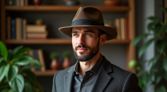 Homme élégant portant un blazer en laine et fedora dans un studio chaleureux
