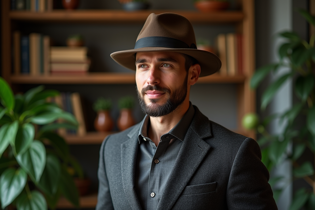 Homme élégant portant un blazer en laine et fedora dans un studio chaleureux