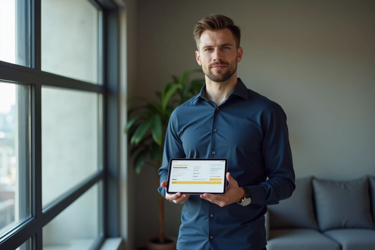 Homme consultant le suivi de commande sur tablette dans une application de mode en ligne