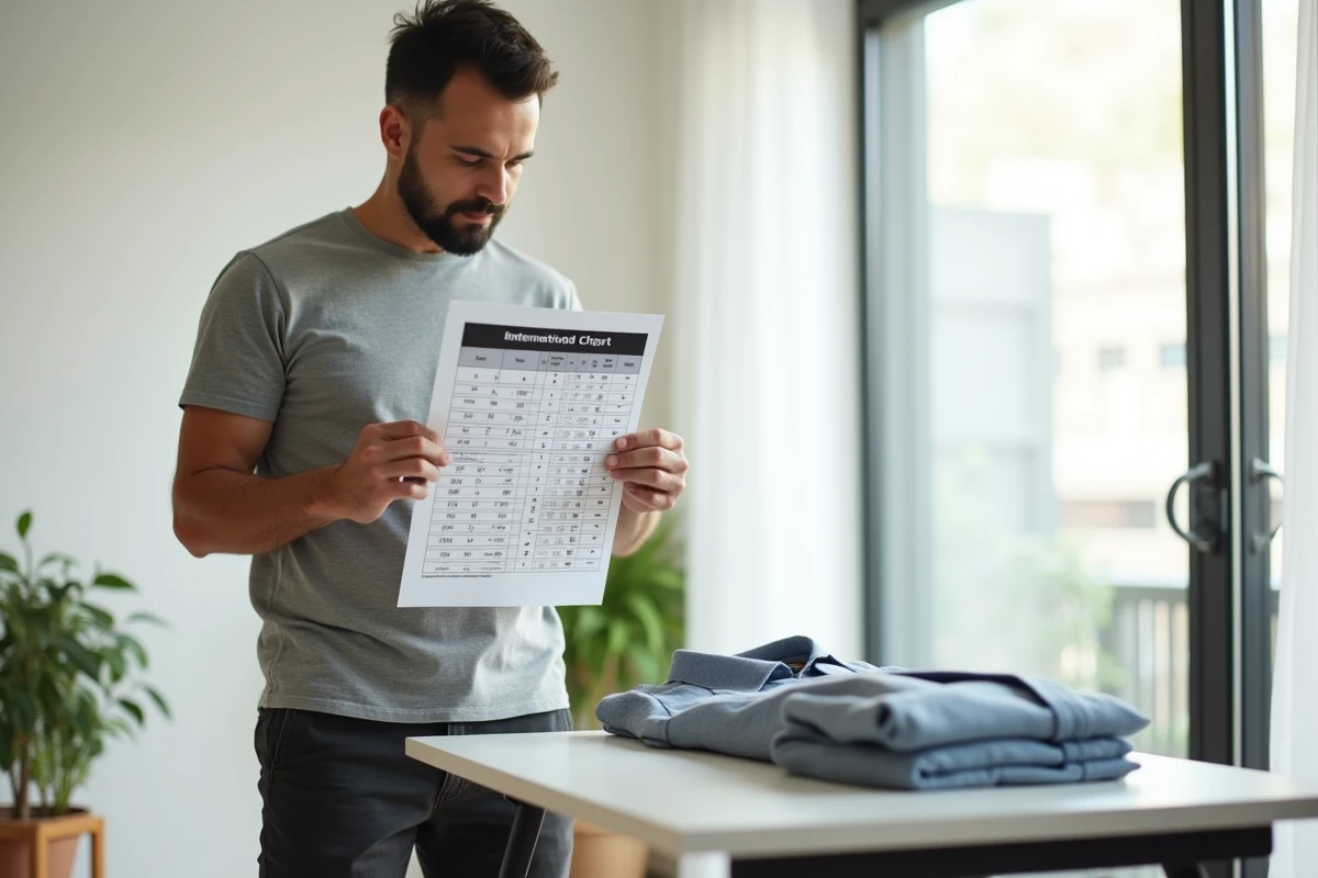 Homme consultant un tableau de conversion de tailles de vêtements internationales à côté d'une chemise pliée dans un appartement moderne