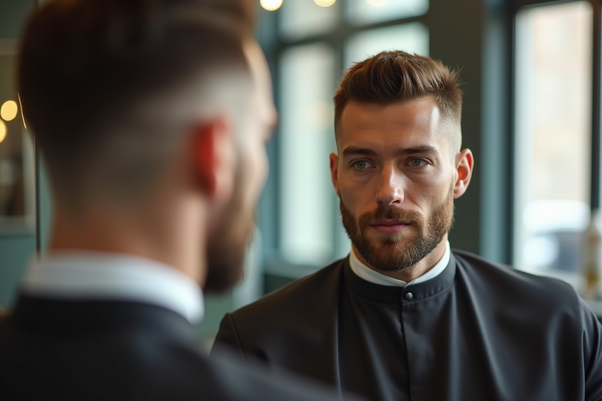 Homme confiant regardant son reflet dans salon de coiffure moderne