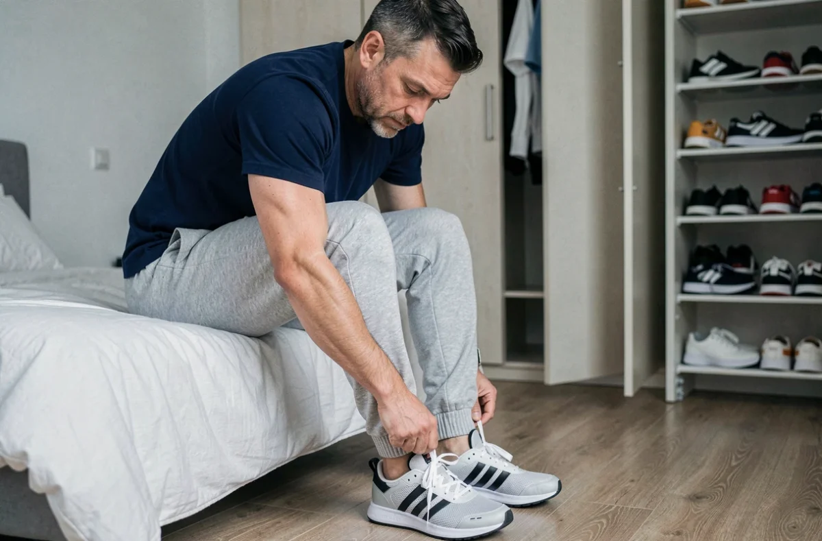 Homme vérifiant l'ajustement d'une chaussure de sport Adidas assis sur un lit à la maison