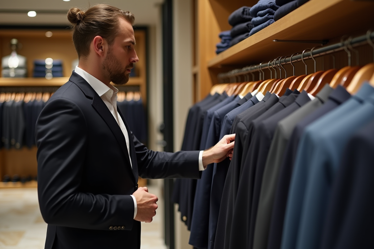 Homme en costume sophistiqué dans un magasin de luxe