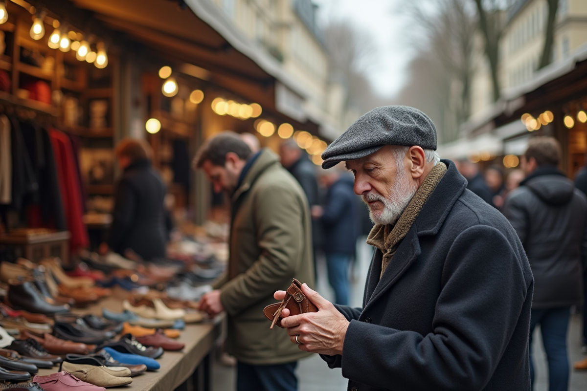 Homme âgé examinant des prix au marché parisien