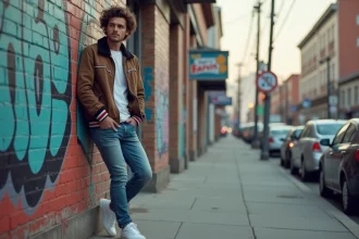 Homme en bomber vintage 1980s contre un mur graffite